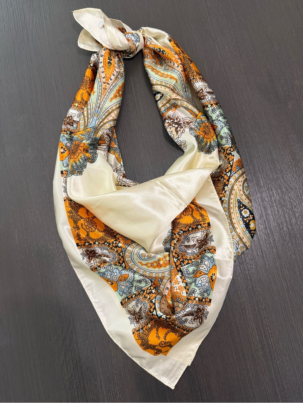 Silk-Feel Paisley Decorative Scarf - Cream with Orange and Blue